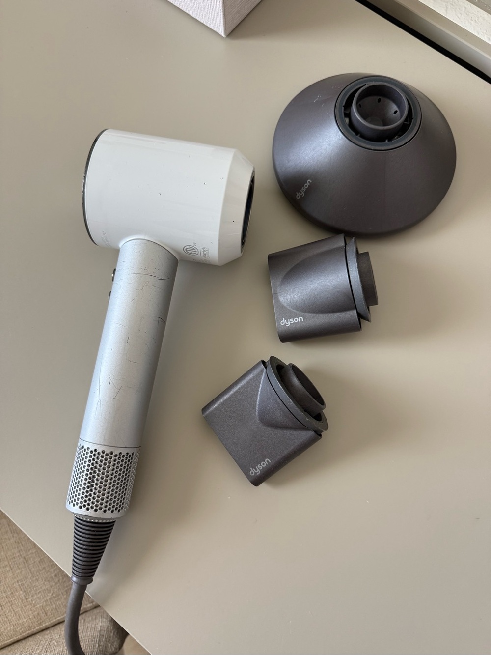 Dyson Hair Dryer with Metallic Gray Attachments - White & Gray